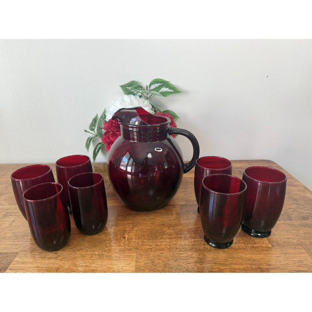 Vintage Anchor‎ Hocking Ruby Red Glass Pitcher and Glasses Set Royal Ruby